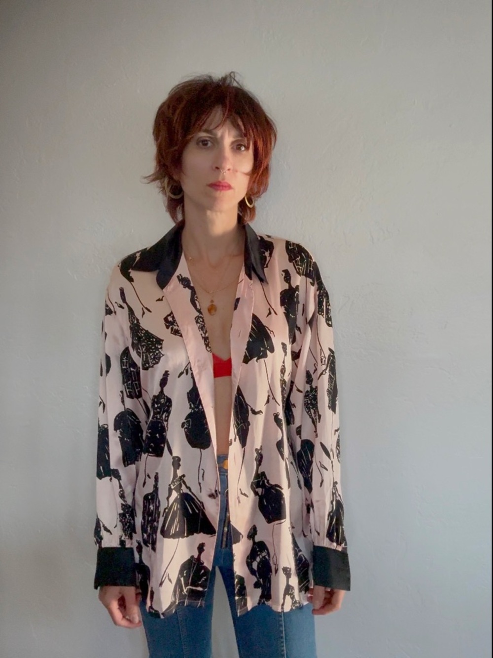 Escada Pink and Black Printed Silk Blouse